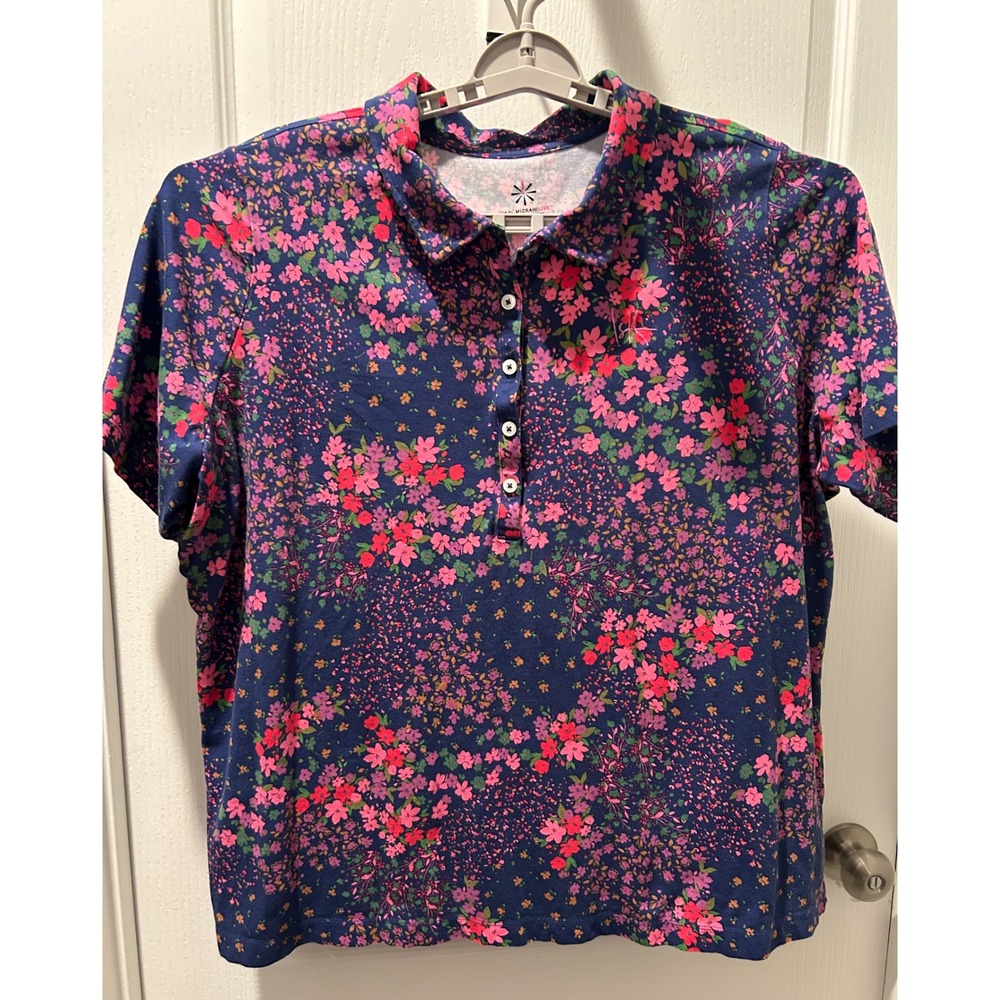 Isaac Mizrahi Floral Polo Shirt Women's 2X Short Sleeve Button Up